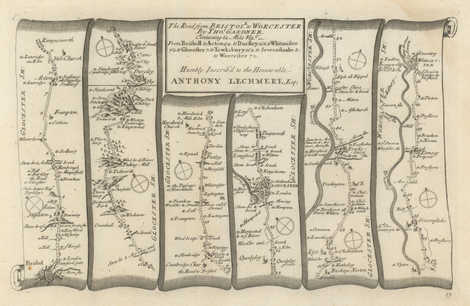 Bristol - Gloucester - Tewkesbury - Worcester. GARDNER road map #59 1719